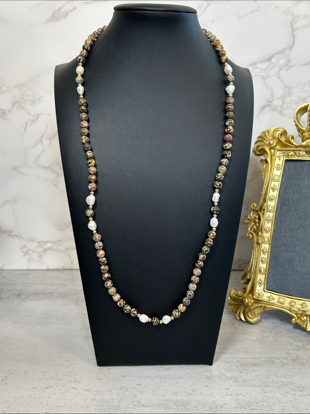 Patterned Leopard Skin Jasper and freshwater Pearl necklace with 14k GP clasp